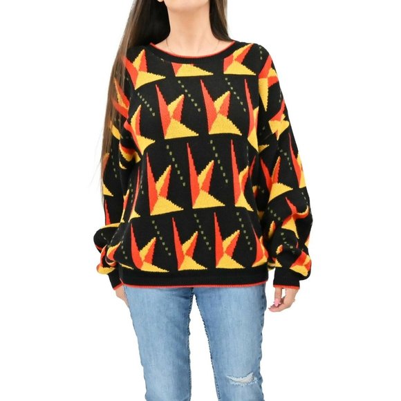 TONY LAMBERT Vintage 80s Unisex Size XL Red Yellow Black Oragami Bird Sweater